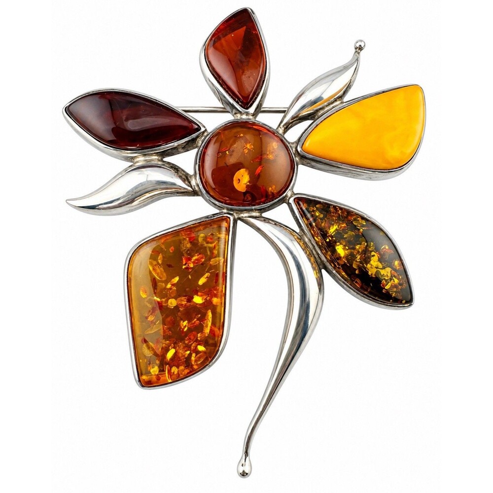 Baltic Amber Sterling Silver Brooch Egg Yolk Cherry Modernist Statement Pendant